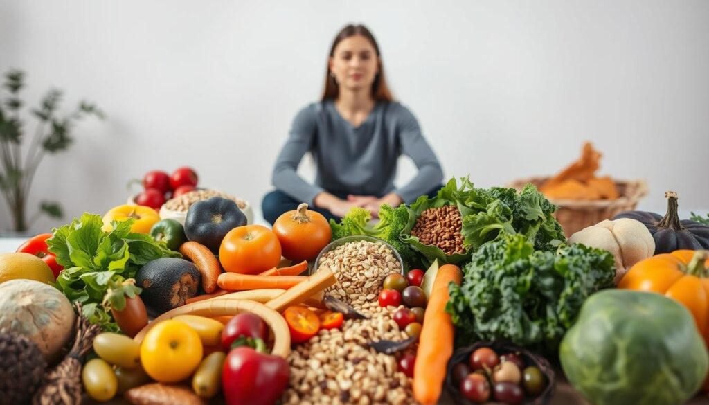 A serene, well-balanced scene depicting nutrition and mental health. In the foreground, an array of vibrant, nutrient-rich whole foods - fresh produce, whole grains, legumes, and healthy fats. In the middle ground, a person sitting in a comfortable, contemplative pose, their expression calm and focused. The background is a soothing, nature-inspired setting, with soft lighting and a sense of tranquility. The overall atmosphere conveys a harmonious integration of nourishing the body and nourishing the mind, symbolizing the holistic approach to recovery and well-being. A serene, well-balanced scene depicting nutrition and mental health. In the foreground, an array of vibrant, nutrient-rich whole foods - fresh produce, whole grains, legumes, and healthy fats. In the middle ground, a person sitting in a comfortable, contemplative pose, their expression calm and focused. The background is a soothing, nature-inspired setting, with soft lighting and a sense of tranquility. The overall atmosphere conveys a harmonious integration of nourishing the body and nourishing the mind, symbolizing the holistic approach to recovery and well-being.