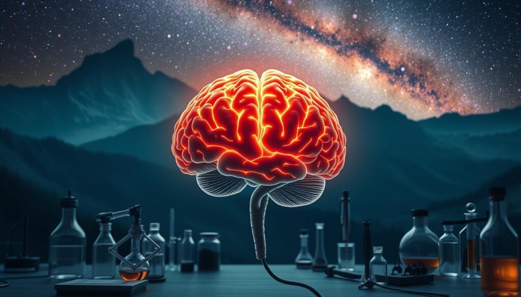 A striking visual representation of behavioral neuroscience, showcasing the intricate connections between the brain and human behavior. Centered in the foreground, a detailed anatomical illustration of the human brain, its neural pathways illuminated in a soft, warm glow. In the middle ground, various scientific instruments and equipment, hinting at the meticulous research and experiments conducted in this field. The background is a serene, contemplative landscape, with towering mountains and a starry night sky, symbolizing the depth of understanding and the expansive potential of this discipline. The overall mood is one of intellectual curiosity, scientific rigor, and the profound insights that behavioral neuroscience can offer into the human experience. A striking visual representation of behavioral neuroscience, showcasing the intricate connections between the brain and human behavior. Centered in the foreground, a detailed anatomical illustration of the human brain, its neural pathways illuminated in a soft, warm glow. In the middle ground, various scientific instruments and equipment, hinting at the meticulous research and experiments conducted in this field. The background is a serene, contemplative landscape, with towering mountains and a starry night sky, symbolizing the depth of understanding and the expansive potential of this discipline. The overall mood is one of intellectual curiosity, scientific rigor, and the profound insights that behavioral neuroscience can offer into the human experience.