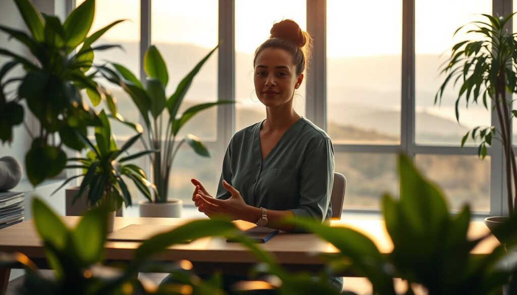 A tranquil, minimalist office scene depicting prevention of burnout for healthcare professionals. In the foreground, a person sits at a desk, hands relaxed, face serene, surrounded by lush indoor plants. Gentle natural lighting filters in through large windows, casting a warm, soothing glow. In the middle ground, a yoga mat and meditation cushion suggest moments of mindfulness and rejuvenation. The background showcases a serene landscape, perhaps rolling hills or a calming seascape, hinting at the importance of work-life balance. The overall atmosphere evokes a sense of calm, rejuvenation, and an intentional approach to mitigating burnout.