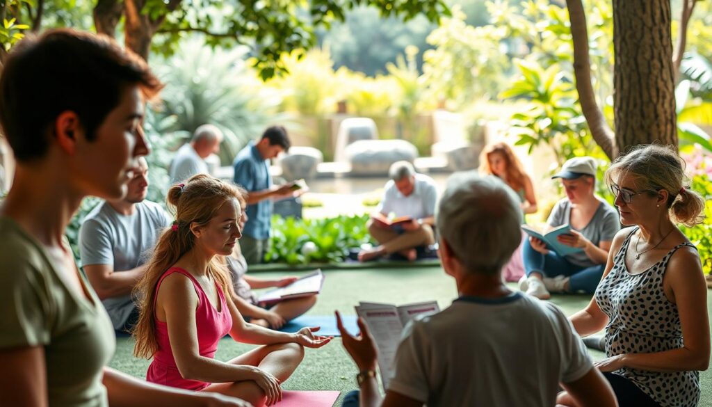 A vibrant, well-lit scene depicting a group of people engaged in various brain-stimulating exercises. In the foreground, individuals are shown performing yoga poses, brain teasers, and memory games, their faces expressing a sense of concentration and mental focus. The middle ground features people reading books, solving puzzles, and participating in group discussions, conveying the collaborative and interactive nature of cognitive activities. In the background, a serene, natural setting with lush greenery and a calming water feature serves as the backdrop, creating a peaceful and rejuvenating atmosphere conducive to brain health and wellness. The overall composition and lighting evoke a sense of harmony, balance, and the powerful connection between physical, mental, and emotional well-being.