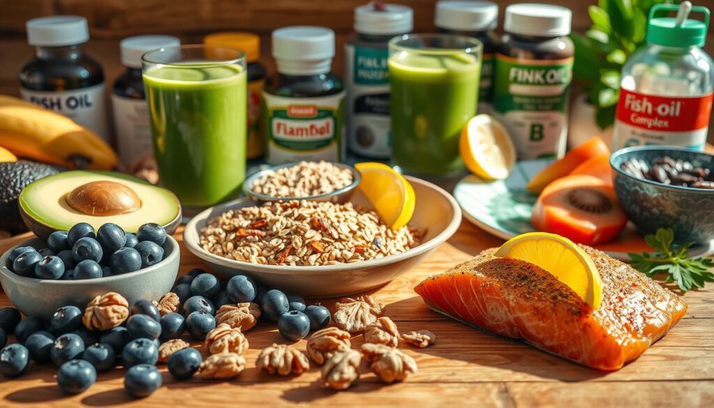 A brightly lit close-up shot of a variety of healthy brain-boosting foods arranged on a wooden table. In the foreground, there are fresh blueberries, walnuts, avocado slices, and a bowl of oatmeal. In the middle ground, a glass of green smoothie and a plate of salmon fillet with lemon wedges. The background features a selection of supplements like fish oil capsules, vitamin B complex, and ginkgo biloba. The scene is bathed in warm, natural lighting, highlighting the vibrant colors and textures of the ingredients. The overall mood is one of nourishment and cognitive vitality.