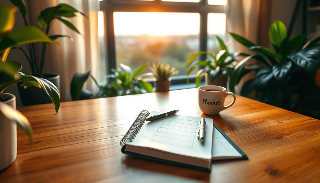 A cozy home office with a wooden desk, surrounded by lush plants and warm lighting. On the desk, a planner and a cup of coffee sit neatly, conveying a sense of organization and focus. Through a window in the background, we see the start of a new day, with the sun peeking over the horizon, symbolizing the opportunity for a fresh start. The overall scene exudes a feeling of intentionality, productivity, and a commitment to well-being.
