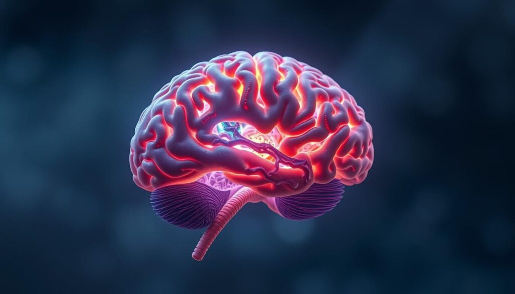 A detailed cross-section of a human brain, floating in a serene, dreamlike environment. The brain is bathed in a soft, warm glow, with intricate neuronal pathways and synapses illuminated in vibrant hues of blue, purple, and green. The background is hazy and ethereal, with a sense of depth and tranquility, evoking the idea of the subconscious mind and the hidden workings of the cerebrum. The composition is balanced and symmetrical, drawing the viewer's attention to the beauty and complexity of the organ that governs our thoughts, emotions, and overall well-being.