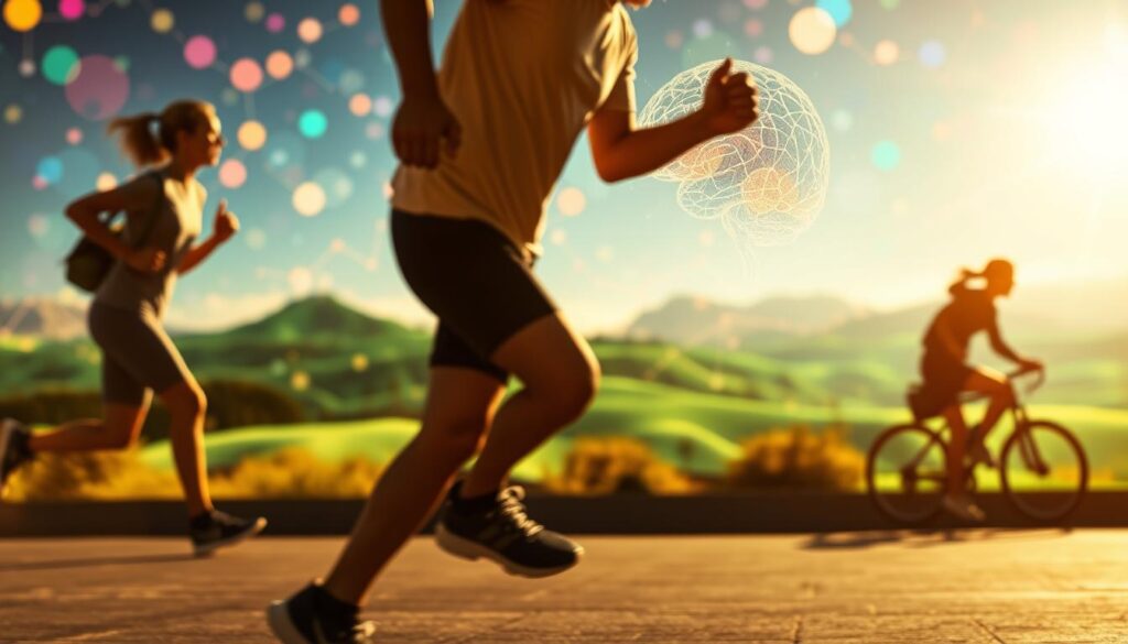 A dynamic scene of a person engaged in an invigorating physical activity, such as jogging or cycling, with a vibrant and stimulating background that represents an active and engaged brain. The foreground features the person's silhouette in motion, with crisp details of their physical movements. The middle ground showcases a neural network-inspired landscape, with pulsing nodes and synaptic connections, symbolizing the heightened cognitive activity. The background is a kaleidoscope of colors and abstract shapes, conveying the sense of mental stimulation and focus. The lighting is warm and energetic, creating a sense of vitality and mental sharpness. The overall composition and atmosphere should inspire a viewer to engage in physical activity to maintain a healthy and active brain.