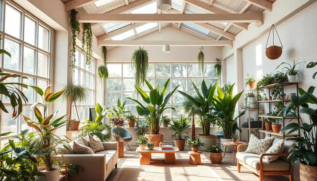 A richly stimulating indoor environment with an open, airy layout. Sunlight streams through large windows, illuminating a mix of natural and modern elements. Vibrant houseplants, intricate textures, and playful decor pieces create a harmonious, rejuvenating atmosphere. Comfortable seating invites one to linger and engage the senses. The scene exudes a sense of mindful calm, inspiring focused attention and mental engagement. A high-resolution, cinematic perspective captures the essence of an "ambiente enriquecido" that nourishes the brain's neuroplasticity.