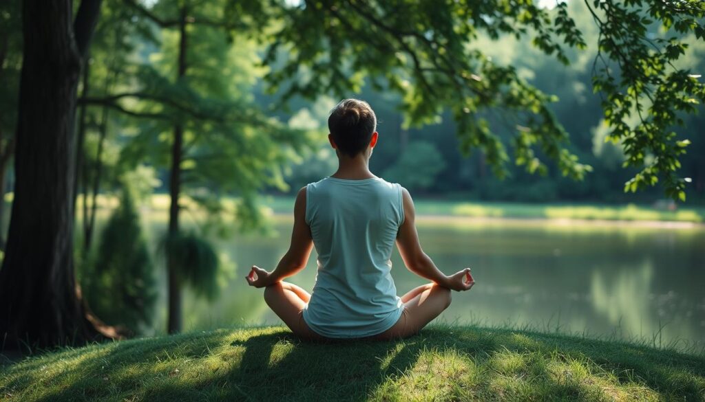 A serene and tranquil scene of a person in deep meditative pose, seated cross-legged on a grassy knoll overlooking a peaceful lake. Soft natural light filters through the trees, casting a warm glow on the figure's face. In the background, a lush forest canopy provides a sense of seclusion and calm. The overall atmosphere is one of mindfulness, inner peace, and a deep connection to the natural world.