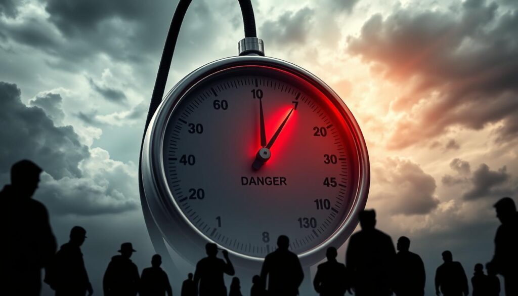 A surreal, high-contrast image of a towering, ominous blood pressure gauge against a backdrop of a stormy, turbulent sky. The gauge's needle is perilously close to the "danger" zone, casting an eerie, crimson glow. In the foreground, shadowy silhouettes of people appear to be struggling under the weight of the mounting pressure. The composition emphasizes the sense of intensity, foreboding, and the potential health risks associated with unmanaged hypertension.