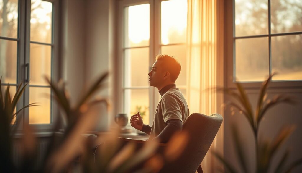 A tranquil afternoon scene with a person sitting in a comfortable chair, deep in focused contemplation. Warm, soft lighting filters through large windows, casting a serene glow over the minimalist, Scandinavian-inspired room. The person's posture is relaxed yet attentive, their gaze directed inward as they engage in a meditative practice or review important tasks. The atmosphere evokes a sense of harmony between the mind and body, productivity balanced with mindfulness. Subtle plant life and natural textures in the background reinforce the theme of nurturing wellbeing. The overall composition conveys a mood of late afternoon stillness, efficiency, and inner calm.