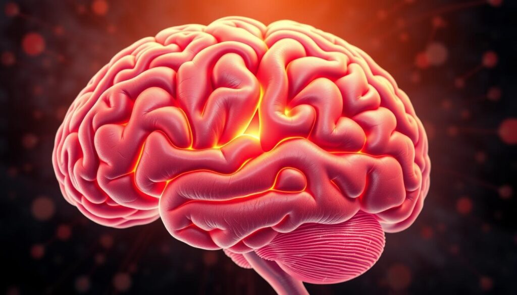 A vibrant, detailed illustration of the human brain, with its intricate network of cerebral areas and structures. The image showcases the complexity and beauty of the brain, rendered in a photorealistic style using warm, natural lighting from an overhead perspective. The foreground depicts the cerebral cortex, with its distinct lobes and folds, while the midbrain, cerebellum, and other subcortical regions are visible in the middle and background, creating a comprehensive view of the brain's anatomy. The overall mood is one of scientific fascination and the wonder of the human mind, perfectly suited to illustrate the "Neurociência do bem-estar" section of the article.