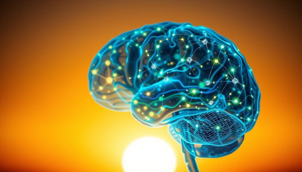A captivating visualization of neuroplasticity's impact on the brain, featuring a human brain in the foreground intricately connected with glowing neural pathways. The brain should appear translucent, showcasing vibrant colors like blues and greens, symbolizing creativity and growth. In the middle ground, incorporate abstract shapes and patterns that represent synaptic connections, subtly pulsating with energy. The background should be a soft gradient of warm tones, suggesting a sunrise, to evoke a sense of new beginnings and transformation. Use warm, natural lighting to create an inviting atmosphere, capturing a sense of hope and possibility. The angle should be slightly tilted, providing a dynamic perspective, while ensuring the focus remains on the brain’s details, inviting viewers to appreciate the power of neuroplasticity.