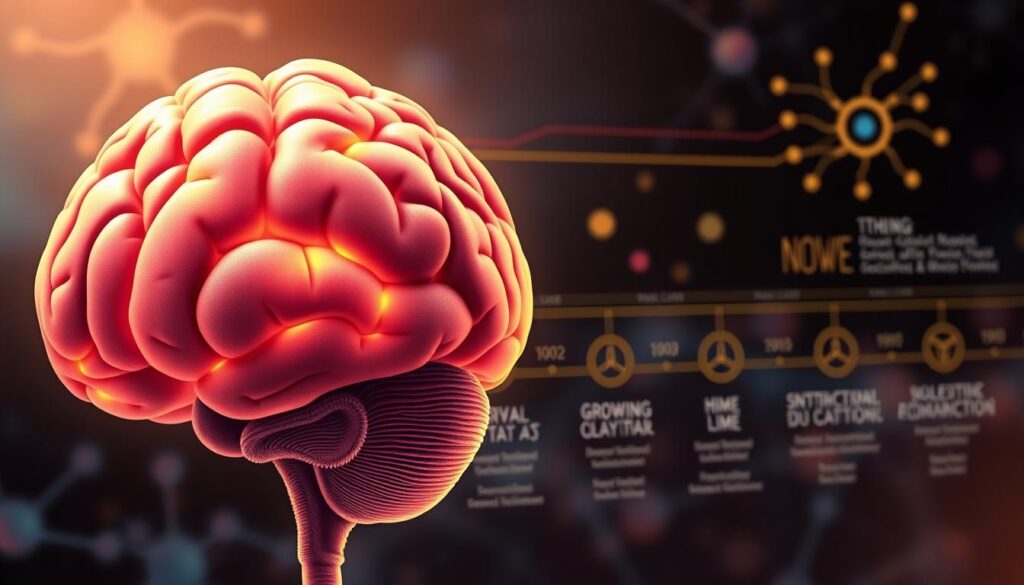 A detailed, educational illustration showcasing the phases of brain development, focusing on the intricate neural pathways and connections formed over time. In the foreground, depict a vibrant, stylized brain with highlighted areas of active growth. In the middle ground, show a timeline graphic with labeled developmental stages, each represented by unique colors and symbols, such as synaptic connections and growing neurons. In the background, gracefully incorporate abstract representations of scientific diagrams, like the neuron firing process. The mood should be enlightening and inspiring, using soft, warm lighting to create a welcoming atmosphere. Angle the composition slightly from above to provide a comprehensive overview of brain development, ensuring clarity and engagement without text or overlays.