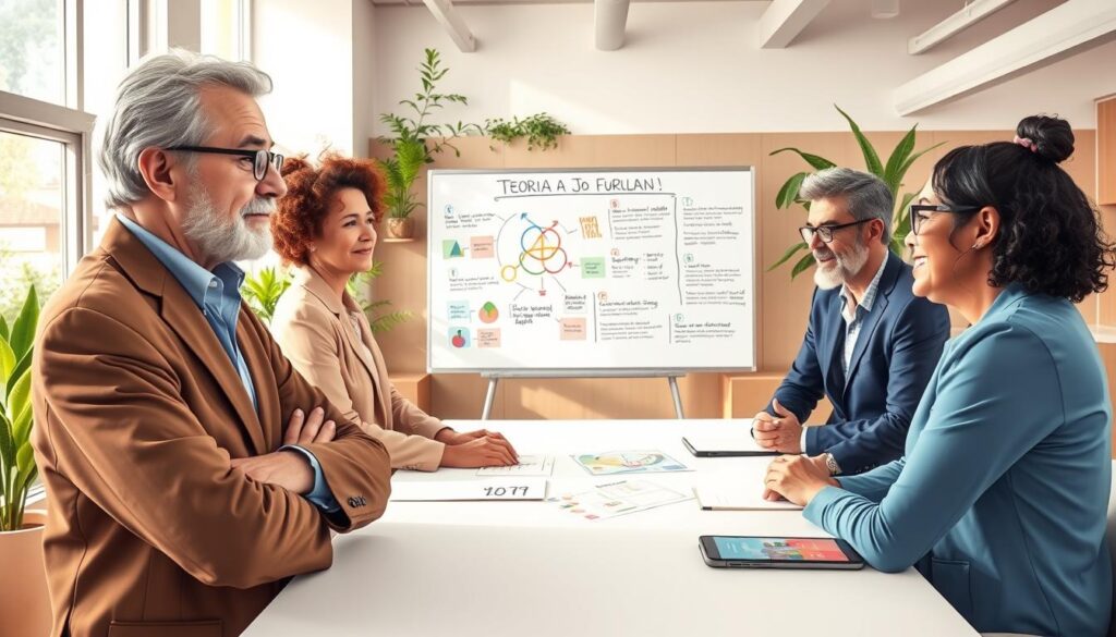A detailed illustration of "teoria DR Jo Furlan," featuring a thoughtful, elderly scholar in professional attire, standing confidently at a modern conference table, engaging with a small group of diverse senior entrepreneurs. The foreground highlights the scholar, a mix of genders and ethnicities in business casual wear, animatedly discussing the theory. In the middle ground, a whiteboard with colorful diagrams and notes outlines key concepts related to behavioral intelligence. The background includes a warm, inviting office space with natural light streaming through large windows, plants, and contemporary decor that emphasizes innovation. The atmosphere conveys inspiration and collaboration, encouraging the viewer to reflect on the impactful contributions of the theory in a lively and professional setting.