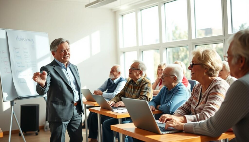 A diverse group of elderly individuals engaged in an interactive educational workshop, showcasing the spirit of learning and empowerment in a bright, spacious classroom environment. In the foreground, a professional instructor, dressed in smart casual attire, is using a whiteboard to illustrate concepts related to entrepreneurship. In the middle, older participants are seated at desks with laptops, taking notes, and discussing ideas enthusiastically. The background features large windows allowing natural light to flood the room, creating an uplifting atmosphere. Soft shadows add depth to the scene. The overall mood is one of inspiration, collaboration, and a vibrant learning community, emphasizing the importance of education and skill development in the later stages of life.
