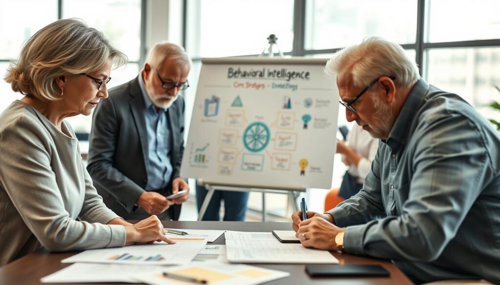 A diverse group of senior entrepreneurs engaged in a collaborative brainstorming session at a modern office space, showcasing the concept of behavioral intelligence. The foreground features two elderly individuals, one a thoughtful woman in professional business attire, leaning over a table filled with charts and notes, and a focused man in casual smartwear, jotting down ideas on a notepad. In the middle, a whiteboard displays colorful diagrams illustrating core strategies of behavioral intelligence, while a third person observes intently. The background showcases a bright, airy office with large windows letting in natural light, creating an uplifting atmosphere. Use a soft focus to convey warmth and encouragement, aiming for a harmonious blend of colors that emphasizes creativity and engagement.