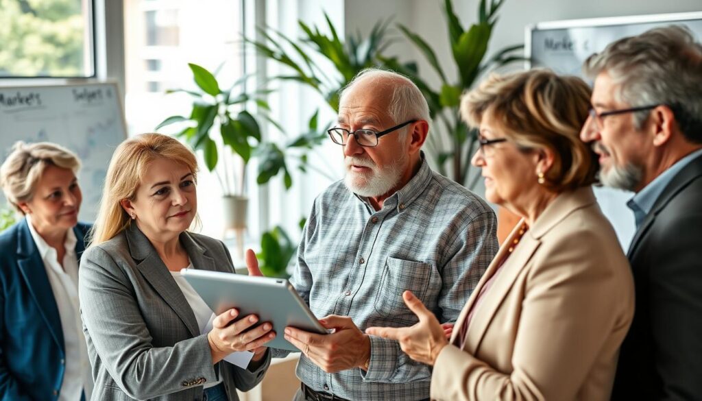A diverse group of senior entrepreneurs engaged in a collaborative meeting, showcasing a range of expressions reflecting insight and experience. The foreground features a middle-aged woman in a professional blazer, reading a report, with a thoughtful look on her face. In the middle, an elderly man is gesturing while explaining a market trend on a digital tablet, surrounded by other senior professionals in smart casual attire, engaged in discussion. The background shows a bright, modern conference room with large windows letting in natural light, plants adding a touch of greenery, and a sleek whiteboard filled with market insights. The atmosphere is vibrant and engaging, capturing the essence of entrepreneurship in the third age, emphasizing collaboration and innovation. The image is shot from a slightly elevated angle, giving a clear view of the interaction and the dynamic setting.