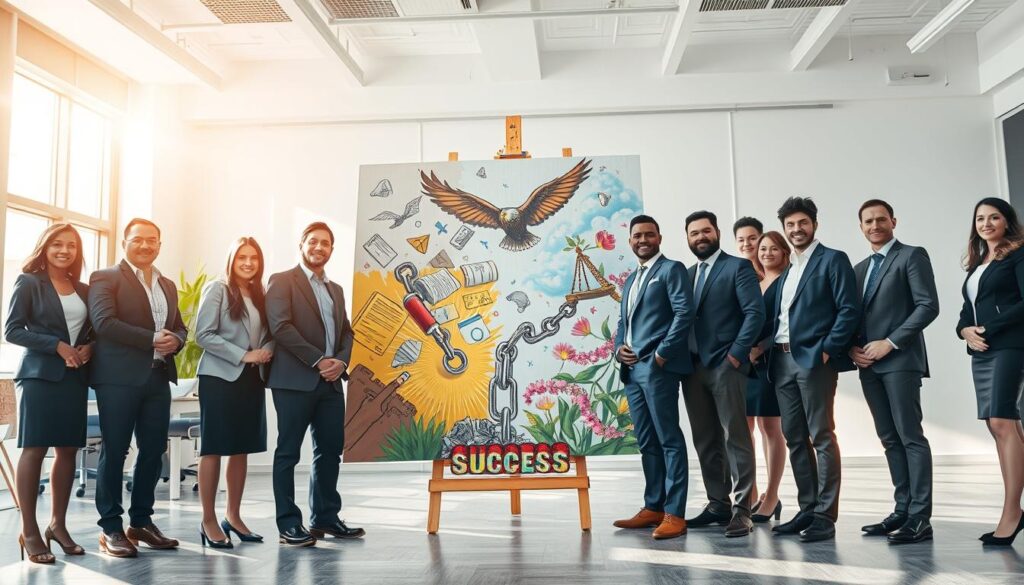 A dynamic scene depicting the transformation of failure into success in a professional setting. In the foreground, a diverse group of individuals dressed in business attire stands together, each with expressions of determination and hope. In the middle ground, a large canvas is being painted with a vivid mural illustrating symbols of failure such as crumpled papers and broken chains morphing into symbols of success like soaring eagles and blooming flowers. The background showcases a bright office environment with windows that allow sunlight to stream in, illuminating the scene. The lighting is warm and uplifting, creating an atmosphere of inspiration and positivity. The angle is slightly elevated, capturing the collective effort and the visual transformation on the canvas, embodying the theme of overcoming adversity and achieving greatness. A dynamic scene depicting the transformation of failure into success in a professional setting. In the foreground, a diverse group of individuals dressed in business attire stands together, each with expressions of determination and hope. In the middle ground, a large canvas is being painted with a vivid mural illustrating symbols of failure such as crumpled papers and broken chains morphing into symbols of success like soaring eagles and blooming flowers. The background showcases a bright office environment with windows that allow sunlight to stream in, illuminating the scene. The lighting is warm and uplifting, creating an atmosphere of inspiration and positivity. The angle is slightly elevated, capturing the collective effort and the visual transformation on the canvas, embodying the theme of overcoming adversity and achieving greatness.