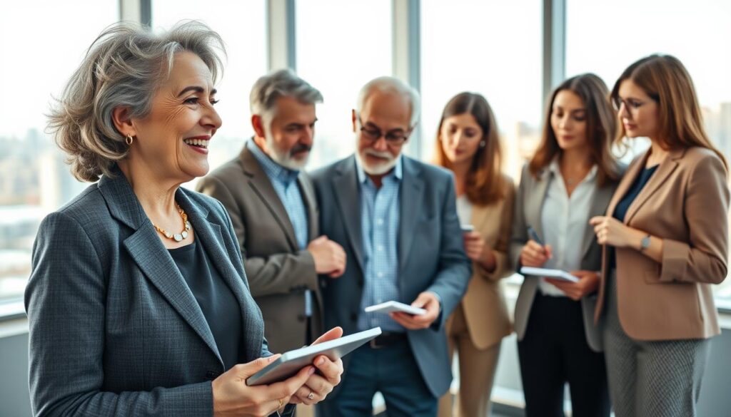 A group of diverse senior entrepreneurs, aged 60 and above, engaged in a lively brainstorming session in a modern office setting. In the foreground, a senior woman with gray hair wearing a smart blazer, holding a tablet, appears excitedly sharing ideas. The middle ground features a senior man in business casual attire, thoughtfully writing on a whiteboard, while another senior woman, dressed in professional attire, takes notes. The background showcases large windows with natural light streaming in, revealing a city skyline. The atmosphere is vibrant, reflecting collaboration and innovation, with a color palette of soft blues and warm neutrals to create a welcoming and inspiring environment.