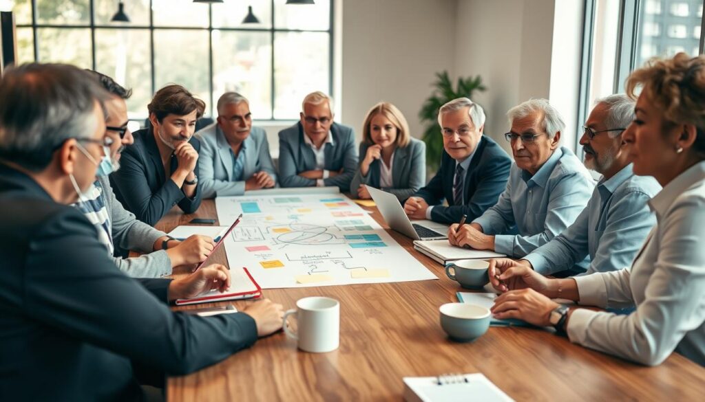 A group of senior entrepreneurs engaged in a dynamic discussion around a wooden conference table, surrounded by notebooks, laptops, and coffee cups. In the foreground, diverse individuals (both men and women) in professional business attire, showcasing thoughtful expressions and body language that conveys engagement and collaboration. The middle ground features a whiteboard with diagrams illustrating behavioral intelligence concepts, with colorful sticky notes. The background reveals a bright, modern office space with large windows allowing natural light to flood in, creating an open and inviting atmosphere. The mood is focused and inspiring, highlighting innovation in senior entrepreneurship. Use soft, warm lighting to enhance the welcoming environment, and a slightly elevated perspective to capture the interaction among the participants.
