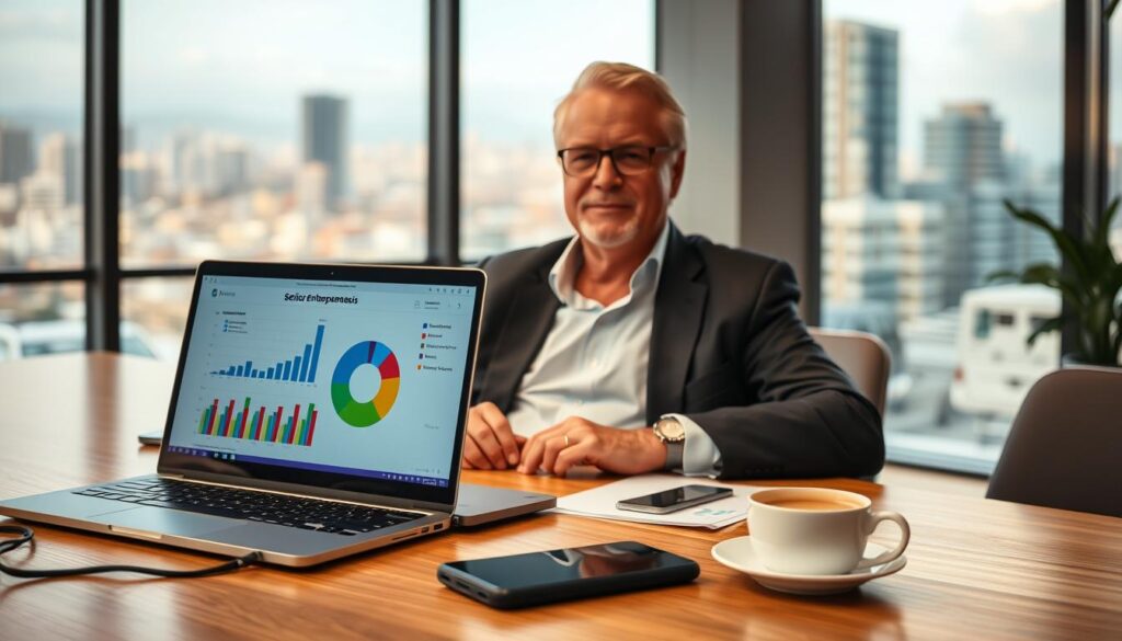 A mature entrepreneur, a senior gentleman, dressed in smart casual attire, is sitting at a modern conference table surrounded by various charts and graphs showcasing senior entrepreneurship trends in Brazil. The foreground features a laptop displaying a colorful pie chart, while a smartphone with business applications lies next to a steaming cup of coffee. In the background, there are large windows letting in warm, natural light, creating an inviting atmosphere with a view of a bustling city. Soft bokeh effects highlight the details in the room, while the lens angle provides a dynamic perspective, emphasizing the upward trends in senior entrepreneurship. The overall mood is inspiring and optimistic, reflecting the growth and opportunities in senior entrepreneurship.