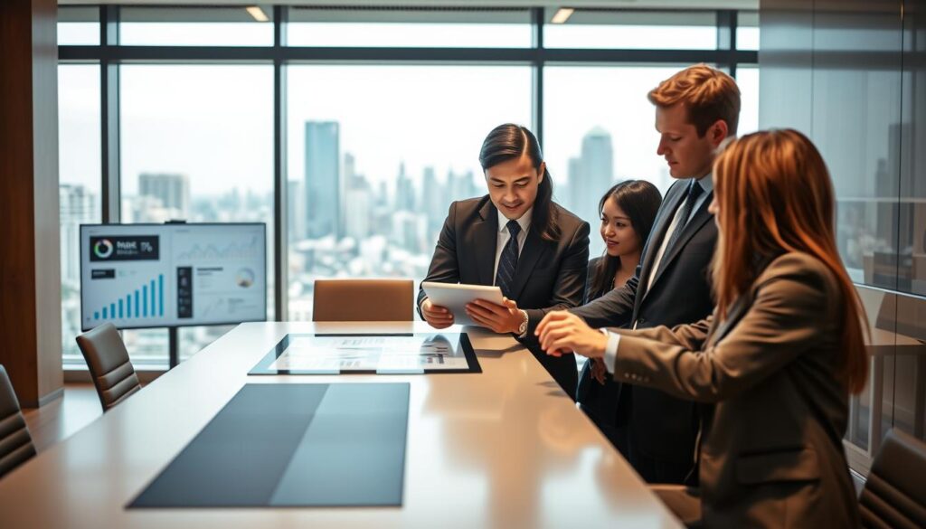 A modern corporate office scene depicting effective corporate communication. In the foreground, a diverse group of three professionals in smart business attire engaged in a collaborative discussion around a digital tablet. The middle layer features a sleek conference table, with visual elements like charts and graphs displayed on screens, highlighting data-driven decision-making. The background includes large windows letting in natural light, showcasing a vibrant cityscape. The lighting is bright and warm, creating an inviting atmosphere. The mood is focused and collaborative, emphasizing the importance of behavioral intelligence in corporate environments. The camera angle is slightly tilted from above, capturing the dynamic interaction among the team members.