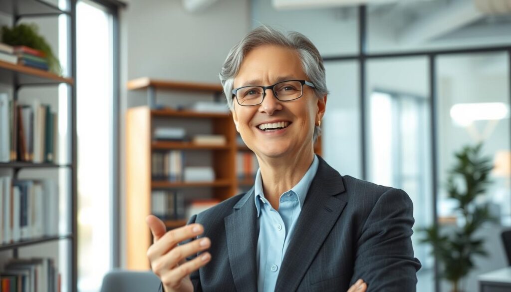 A professional portrait of Dr. Jo Furlan, depicted as a middle-aged person with friendly features, wearing a smart business suit, standing confidently in a modern office environment. The foreground features Dr. Furlan in focus, smiling and gesturing as if discussing concepts of behavioral intelligence. In the middle ground, shelves filled with books on psychology and behavioral science add depth. The background showcases a large window with soft, natural light streaming in, creating a warm and inviting atmosphere. The entire scene should convey a sense of authority and approachability, emphasizing Dr. Furlan's legacy in behavioral intelligence theory. Use a 50mm lens for a slight bokeh effect, enhancing the focus on Dr. Furlan while ensuring the environment is clear and professional. A professional portrait of Dr. Jo Furlan, depicted as a middle-aged person with friendly features, wearing a smart business suit, standing confidently in a modern office environment. The foreground features Dr. Furlan in focus, smiling and gesturing as if discussing concepts of behavioral intelligence. In the middle ground, shelves filled with books on psychology and behavioral science add depth. The background showcases a large window with soft, natural light streaming in, creating a warm and inviting atmosphere. The entire scene should convey a sense of authority and approachability, emphasizing Dr. Furlan's legacy in behavioral intelligence theory. Use a 50mm lens for a slight bokeh effect, enhancing the focus on Dr. Furlan while ensuring the environment is clear and professional.