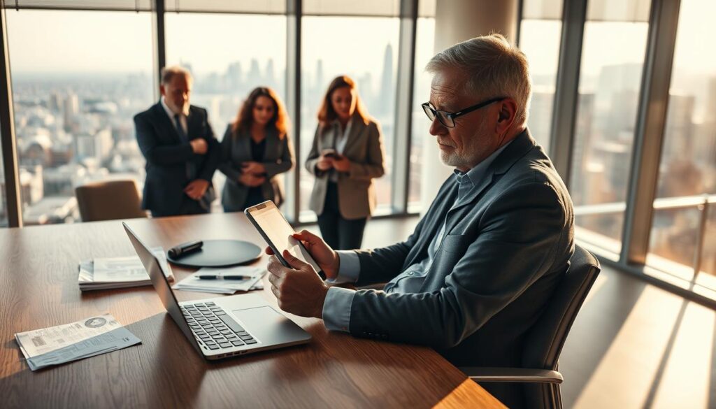 A professional senior entrepreneur in smart casual attire, sitting at a modern wooden desk, thoughtfully analyzing data on a digital tablet, immersed in a discussion with a diverse group of business professionals, all dressed in business attire. The foreground features a laptop and paperwork scattered around the desk, symbolizing active collaboration. In the middle background, a sleek office space with large windows shows a view of a city skyline, illuminated by warm sunlight, creating an inspiring atmosphere. Soft shadows enhance details, using a cinematic angle to capture the engaged expressions of the individuals. The overall mood is focused and positive, reflecting the essence of behavioral intelligence in entrepreneurship for seniors.