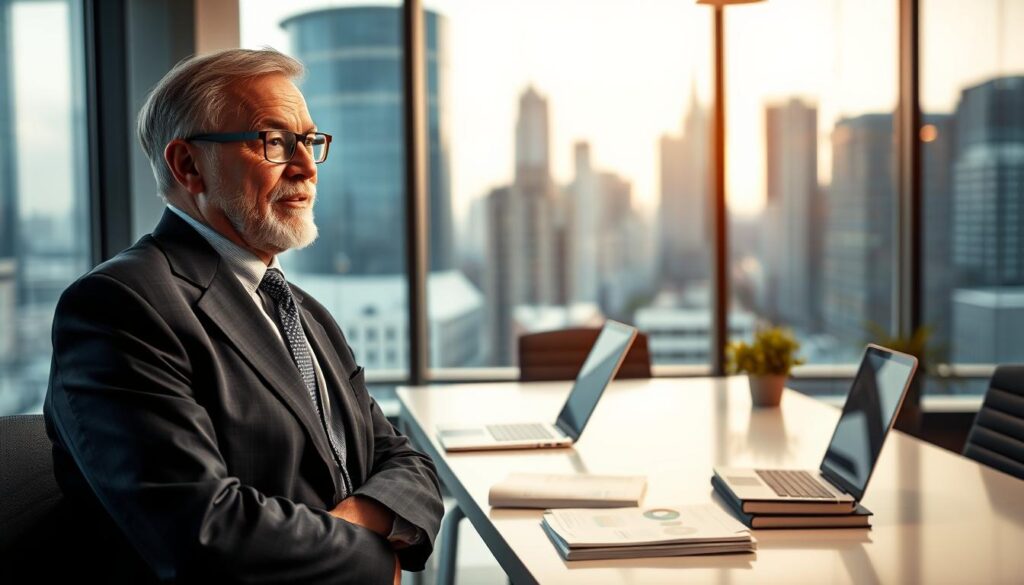 A professional setting showcasing the concept of "Behavioral Intelligence" as articulated by Dr. Jo Furlan, featuring a thoughtful senior entrepreneur in a modern office environment. In the foreground, a middle-aged man wearing a smart business suit is engaged in a deep discussion or reflective moment, with a calm expression that conveys wisdom and insight. The middle layer contains a sleek office desk with a laptop, charts, and business books about entrepreneurship, symbolizing knowledge and growth. In the background, large windows with natural light streaming in, offering a view of a bustling city, creating an inspiring atmosphere. Soft, warm lighting enhances the scene, evoking a mood of professionalism and hope in senior entrepreneurship, captured from a slightly elevated angle for depth.