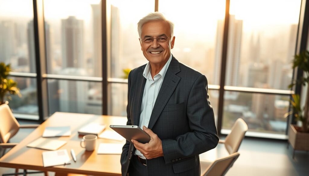 A senior entrepreneur in Brazil stands confidently in a modern office setting. In the foreground, capture an elderly man with a warm smile, wearing a tailored suit, holding a tablet. His hair is neatly styled, emphasizing his wisdom and experience. In the middle ground, a sleek wooden desk is scattered with business documents and a coffee cup, reflecting a dedicated work environment. In the background, large windows show a vibrant city skyline, illuminated by soft, warm sunlight, creating a professional yet welcoming atmosphere. The lighting is natural, highlighting the entrepreneur's features while casting gentle shadows. The overall mood is inspiring and optimistic, embodying the essence of senior entrepreneurship in Brazil.