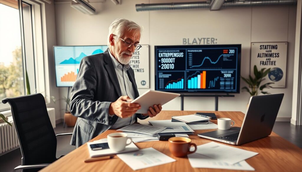 A senior entrepreneur in a modern office environment, engaging actively with a tablet in hand, analyzing graphs and statistics displayed on a large screen. In the foreground, the entrepreneur, a well-dressed elderly individual with gray hair, exudes confidence and enthusiasm. The middle ground features a stylish desk cluttered with business documents, a laptop, and coffee. The background showcases a bright, contemporary workspace with motivational posters about entrepreneurship and innovation. Soft natural light streams through large windows, creating a warm and inviting atmosphere. The angle is slightly above eye level, giving an inspiring, dynamic perspective of the entrepreneurial journey in senior years. The overall mood is focused and optimistic, highlighting the vibrant potential of senior entrepreneurship in Brazil.