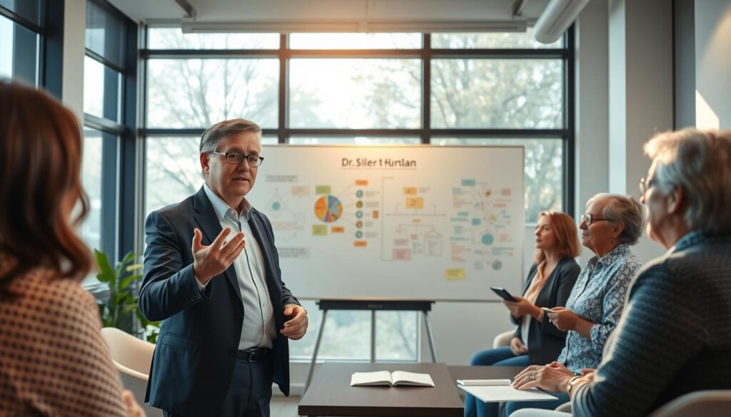 A serene and inspiring office environment, featuring Dr. Jo Furlan, a middle-aged expert in behavioral intelligence, standing confidently in the foreground. He is dressed in professional business attire, thoughtfully gesturing as he explains a complex concept. In the middle ground, a large whiteboard displays colorful diagrams and concepts representing his theory, surrounded by engaged senior entrepreneurs taking notes. The background features large windows allowing natural light to flood the space, creating an atmosphere of collaboration and innovation. The lighting is soft yet bright, enhancing a sense of enlightenment. The camera angle is slightly above eye level, capturing the dynamics of the scene and the focus on shared knowledge and growth in the context of senior entrepreneurship.