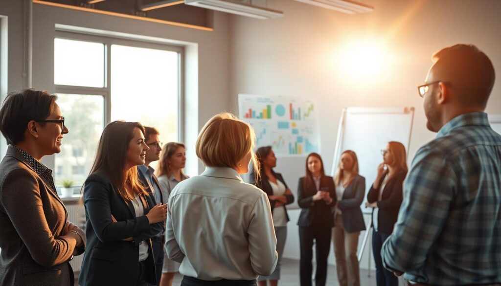 A serene and inspiring scene depicting personal development and communication impact. In the foreground, a diverse group of professionals in business attire is engaged in a dynamic workshop, animatedly discussing ideas and sharing insights. Their expressions convey focus and enthusiasm. In the middle ground, a large whiteboard filled with colorful charts and diagrams symbolizes strategies for effective communication and personal growth. In the background, soft sunlight filters through large windows, casting a warm glow that enhances the motivating atmosphere of collaboration and learning. The mood is uplifting, fostering a sense of progress and achievement, captured with a slightly elevated angle to emphasize the depth of engagement within the space.