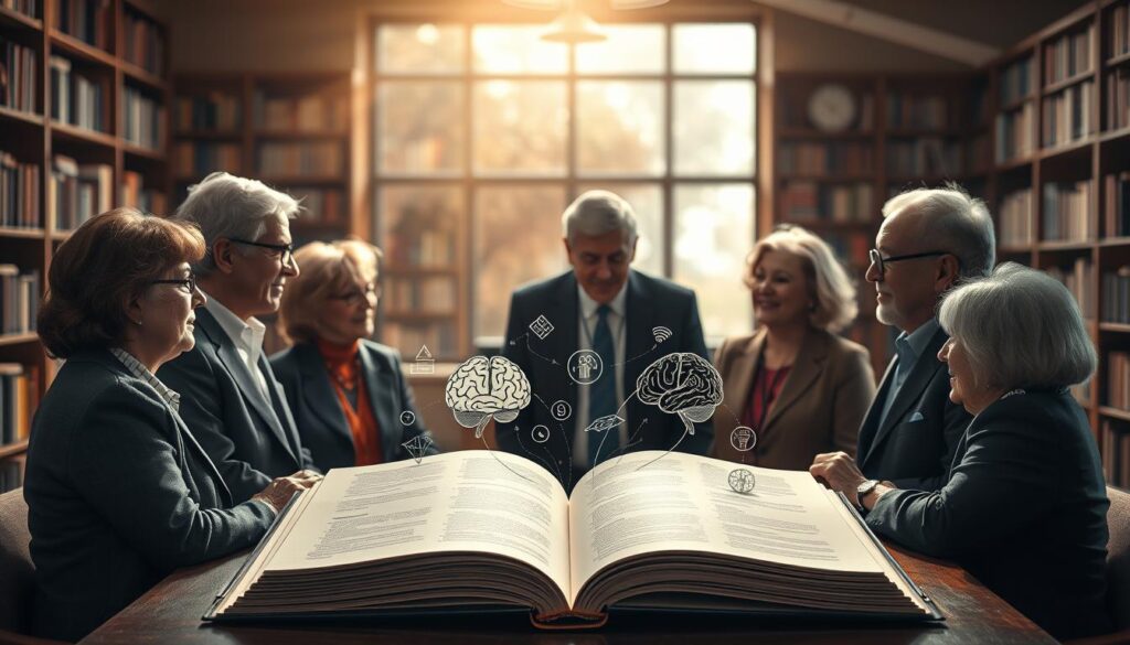 A serene and inspiring scene depicting the concept of "Human Behavioral Intelligence Theory" by Dr. Jo Furlan. In the foreground, a diverse group of older adults engaged in thoughtful discussion, dressed in professional business attire. The middle ground features a large open book, its pages animatedly displaying illustrations of brain patterns and cognitive processes. The background should include a soft-focus library filled with shelves of books, symbolizing knowledge and learning. Warm, soft lighting creates an inviting atmosphere, while sun rays filter through a large window, casting gentle shadows. Capture the mood of wisdom, collaboration, and innovation, emphasizing the themes of senior entrepreneurship and intelligence.