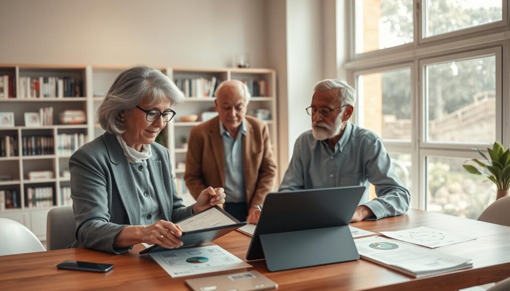 A serene and inspiring workspace designed for senior entrepreneurs, featuring a diverse group of older adults engaged in thoughtful discussion around a table. The foreground shows a senior woman in professional attire, outlining strategic ideas on a digital tablet, while a senior man listens attentively. The middle section captures a collaborative atmosphere, with charts and brainstorming notes scattered across the table, enhancing the focus on behavioral intelligence strategies. The background displays shelves filled with books on entrepreneurship, complemented by large windows allowing natural light to flood the room, creating a bright and motivating environment. The overall mood is uplifting and empowering, symbolizing success in the later stages of life, with warm, inviting lighting to promote a sense of community and support.