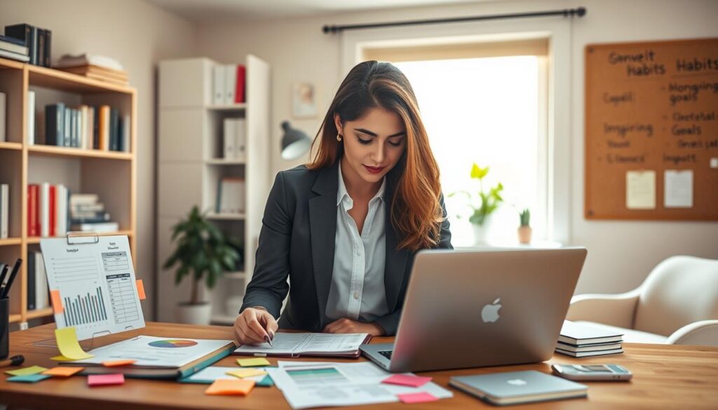 A serene and organized home office setting, showcasing a professional woman in smart casual attire, deeply engaged in planning her daily routine. In the foreground, a wooden desk is cluttered with colorful sticky notes, a planner, and a laptop displaying productivity charts. In the middle, a large window allows warm, natural light to flood the space, illuminating a green plant on the sill. The background features bookshelves filled with motivational literature and a corkboard filled with inspiring goals. The atmosphere is calm and focused, evoking a sense of determination and clarity. Capture this scene from a slightly angled perspective to emphasize depth and visually represent the theme of practical strategies for incorporating habits into daily life.