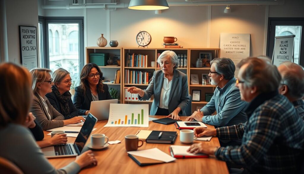 A serene office environment focused on senior entrepreneurship, featuring a diverse group of mature individuals engaged in collaborative discussions around a table filled with notebooks, laptops, and coffee cups. In the foreground, an elderly woman in professional attire is teaching a small group, pointing at a chart displaying growth strategies. The middle ground captures attentive expressions and body language that reflect engagement and enthusiasm, while the background shows a bookshelf filled with business resources and motivational posters. Soft, warm lighting filters through large windows, creating an inviting atmosphere that embodies growth and innovation. The scene conveys a sense of empowerment and intelligence application in senior entrepreneurship.