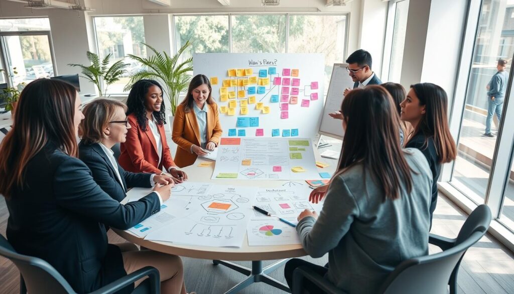 A serene office environment, showcasing the essence of behavioral intelligence fundamentals. In the foreground, a diverse group of professionals, wearing smart business attire, engage in an animated discussion around a circular table filled with charts and diagrams. The middle ground features a large whiteboard filled with colorful post-it notes and flowcharts representing key concepts of behavioral intelligence. In the background, bright natural light floods in through large windows, illuminating a modern workspace with plants for a refreshing touch. The atmosphere is one of collaboration and innovation, with a warm and motivational mood. Capture this scene using a wide-angle lens to emphasize the group dynamics and energy in the room, with soft lighting to enhance the focus on the participants' expressions.