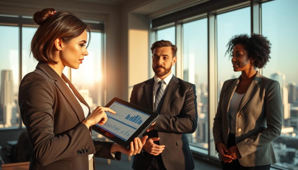 A serene office setting featuring a diverse group of three professionals engaged in a strategy meeting, symbolizing behavioral intelligence in career transformation. In the foreground, a focused woman in business attire, pointing at a digital tablet displaying charts and graphs. In the middle, a thoughtful man wearing a suit listens intently, considering the implications of past failures turned into successes. In the background, a large window reveals a city skyline, bathed in warm afternoon light, casting soft shadows across the room. The atmosphere is collaborative and inspired, highlighting a sense of growth and opportunity. The image should evoke motivation and positivity, illustrating the essence of behavioral intelligence strategies in changing one's career path. A serene office setting featuring a diverse group of three professionals engaged in a strategy meeting, symbolizing behavioral intelligence in career transformation. In the foreground, a focused woman in business attire, pointing at a digital tablet displaying charts and graphs. In the middle, a thoughtful man wearing a suit listens intently, considering the implications of past failures turned into successes. In the background, a large window reveals a city skyline, bathed in warm afternoon light, casting soft shadows across the room. The atmosphere is collaborative and inspired, highlighting a sense of growth and opportunity. The image should evoke motivation and positivity, illustrating the essence of behavioral intelligence strategies in changing one's career path.