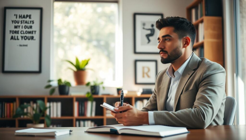 A thoughtful professional engaging in self-reflection in a serene office environment. In the foreground, a well-dressed individual sits at a desk with a journal open, pen in hand, deep in contemplation. The middle ground features a large window allowing natural light to flood the room, illuminating a potted plant and motivational quotes framed on the wall. In the background, shelves filled with books on personal development and psychology enhance the ambience. Soft, warm tones create a welcoming atmosphere, emphasizing a sense of growth and introspection. A shallow depth of field brings focus to the individual, capturing the mood of self-evaluation and personal growth while keeping the background slightly blurred.