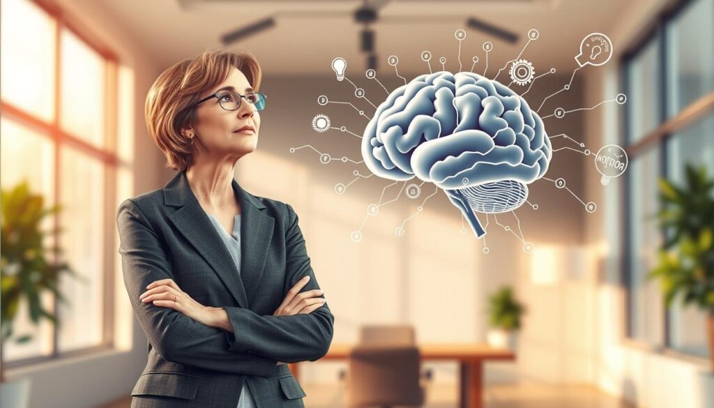 A thoughtful, professional illustration representing Dr. Jo Furlan's theory of human behavioral intelligence. In the foreground, a confident, middle-aged woman in a tailored business suit, embodying wisdom, stands with her arms crossed, looking thoughtfully at an abstract representation of the brain. In the middle ground, intricate neural pathways and symbols of intelligence, like gears and light bulbs, create a dynamic flow to signify the connection between thoughts and behaviors. The background is softly blurred, featuring a modern office space with large windows letting in warm, natural light, creating a calming atmosphere. The mood is inspiring and intellectual, inviting viewers to engage with the concepts of behavioral intelligence and personal development.
