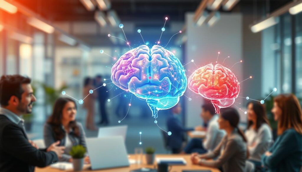 A vibrant and dynamic illustration representing the concept of "cognitive development through connections and integration." In the foreground, depict a diverse group of professionals engaging in collaborative discussions, surrounded by interconnected neural pathways that visually symbolize cognitive growth. In the middle ground, showcase abstract brain forms adorned with colorful patterns, radiating energy and light, illustrating the intelligence and potential within. For the background, create a blurred, soft-focus office environment, infused with warm, natural light to evoke a positive atmosphere of innovation and learning. Incorporate a slight depth of field to emphasize the foreground figures while subtly capturing the essence of the workspace. Aim for an uplifting mood that inspires curiosity and engagement in cognitive enhancement.