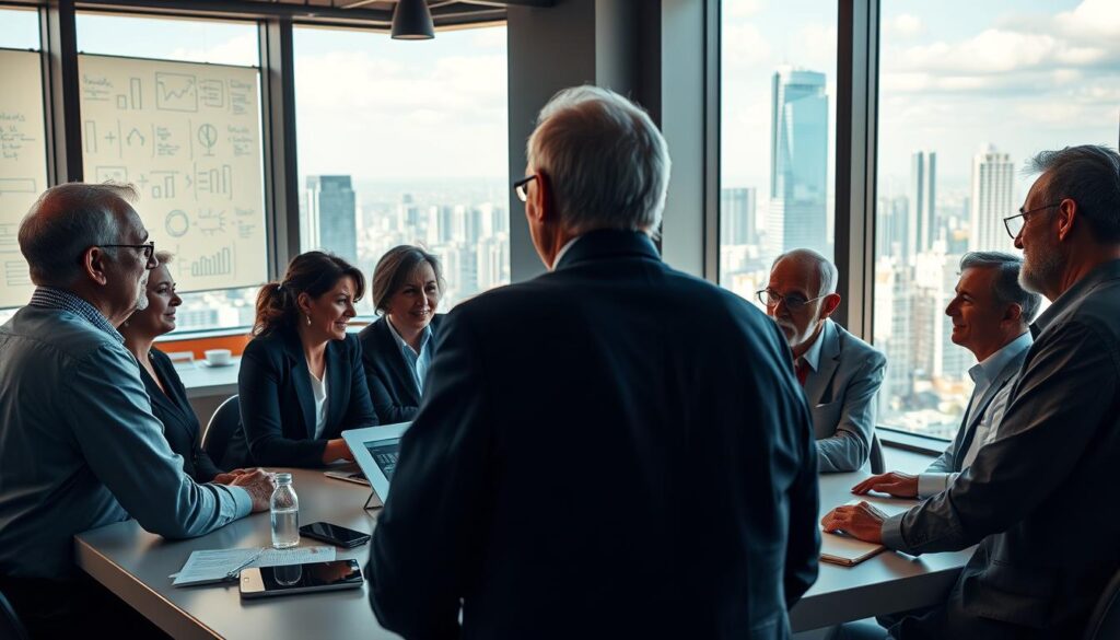 A vibrant and dynamic scene illustrating the challenges and opportunities of senior entrepreneurship in Brazil. In the foreground, a diverse group of older adults in professional business attire engaged in discussion around a table, showcasing teamwork and collaboration. The middle layer features a modern office environment with digital devices, charts, and a whiteboard filled with ideas. In the background, large windows reveal a bustling cityscape, symbolizing growth and potential. The lighting is warm and inviting, creating a hopeful atmosphere. The lens perspective is slightly elevated, capturing both the lively interactions and the broader context of innovation and perseverance in senior entrepreneurship. The overall mood should be inspiring and empowering, reflecting the vitality and resourcefulness of this demographic.