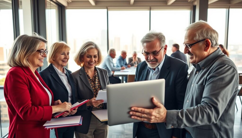 A vibrant and inspiring scene depicting senior entrepreneurs engaged in a lively business meeting. In the foreground, two older women and one older man, all dressed in professional attire, are discussing over a laptop and notepads. Their expressions are focused and collaborative, showing enthusiasm and wisdom. In the middle ground, a large window reveals a modern city skyline, suggesting a dynamic business environment. Gentle morning sunlight streams in, creating a warm and inviting atmosphere, highlighting their features. In the background, a diverse group of older professionals can be seen brainstorming ideas around a table, fostering a sense of community and innovation. The overall mood is positive, reflecting empowerment and the spirit of entrepreneurship in later life, captured from a slight upward angle to enhance the sense of aspiration.
