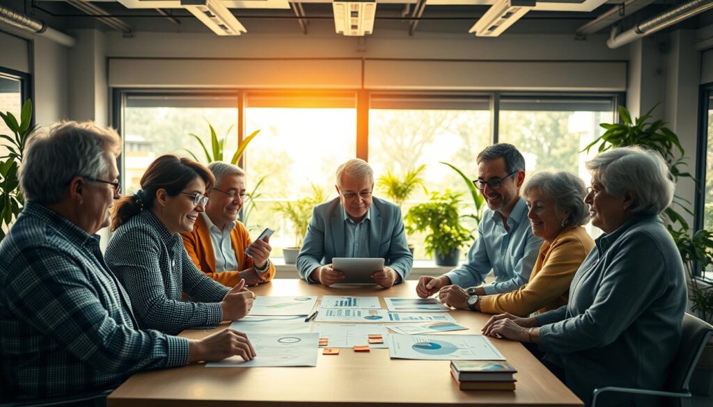 A vibrant and inspiring scene depicting the practical application of behavioral intelligence in senior entrepreneurship. In the foreground, a diverse group of seniors dressed in smart casual attire are engaged in a brainstorming session around a table, showcasing their collaboration and creativity. In the middle ground, charts, graphs, and post-it notes illustrate strategic planning and idea exchanges. In the background, large windows illuminated with warm natural light highlight a modern office environment, filled with greenery to convey positivity and growth. The atmosphere is encouraging and dynamic, symbolizing empowerment and innovation among older adults in business. Use a soft-focus lens effect to create a welcoming ambiance while highlighting the key elements.