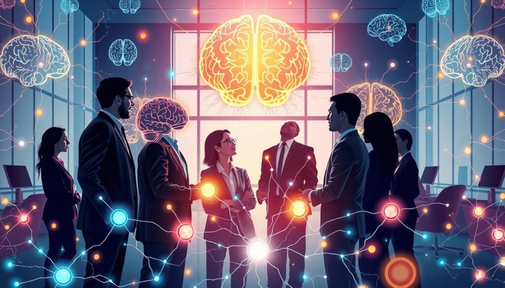 A vibrant and intricate illustration depicting the integration of neuroscience and multiple intelligences. In the foreground, a diverse group of professionals in business attire engage in a collaborative discussion, surrounded by glowing neural pathways and brain imagery representing various intelligence types (linguistic, logical-mathematical, spatial, etc.). The middle ground features a backdrop of a modern, well-lit office space with large windows, allowing daylight to flood in, symbolizing enlightenment and creativity. In the background, abstract representations of brain scans and interconnected neurons create a dynamic pattern, enhancing the theme of cognitive synergy. The mood is inspiring and intellectually stimulating, emphasizing teamwork and innovative ideas. The composition is well-balanced, creating an inviting atmosphere of exploration and growth.