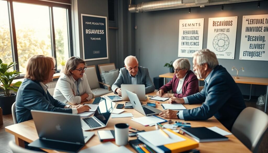 A vibrant co-working space filled with senior entrepreneurs actively engaging in discussions and brainstorming sessions. In the foreground, a diverse group of three seniors, dressed in professional business attire, collaborate around a large table cluttered with laptops, notebooks, and brainstorming materials. The middle ground showcases large windows letting in warm, natural light, contributing to a lively atmosphere. In the background, motivational posters about behavioral intelligence and entrepreneurship decorate the walls, creating an inspiring environment. The overall mood is dynamic and positive, capturing the essence of innovation and wisdom in senior entrepreneurship. The image should be well-lit, with a slight depth of field to focus on the seniors in action, enhancing clarity and visual interest.