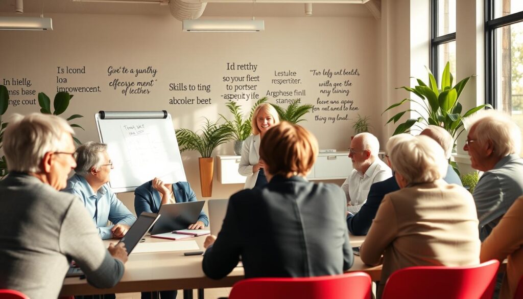A vibrant, inspiring scene depicting senior individuals engaged in skill development and training. In the foreground, a diverse group of older adults (both men and women) in professional business attire, enthusiastically participating in a workshop. They are seated at tables with laptops and notepads, collaborating and sharing ideas. In the middle ground, a facilitator, a middle-aged woman, stands at a whiteboard, guiding the session with gestures and a warm smile. Soft natural lighting filters through large windows, creating an inviting atmosphere. The background showcases a bright, modern classroom setting, filled with inspirational quotes on the walls and plants that enhance the learning environment. The mood is positive and motivational, capturing the essence of empowerment and personal growth in later life.