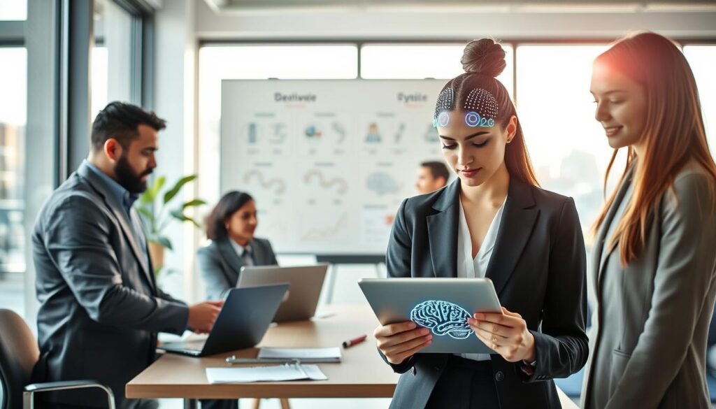 A vibrant modern workspace featuring a diverse group of professionals engaged in brain stimulation activities. In the foreground, a woman in business attire performs a cognitive exercise using a digital tablet, focusing on brainwave patterns. To her left, a man analyzes data on a laptop, showcasing charts related to behavioral intelligence. In the middle, a whiteboard displays diagrams illustrating neural pathways and cognitive strategies. The background features a large window with natural light flooding the room, casting a bright and invigorating atmosphere. Soft, motivational colors enhance the feeling of innovation and collaboration. The overall mood is dynamic and inspiring, emphasizing practical approaches to unlocking the brain's potential.