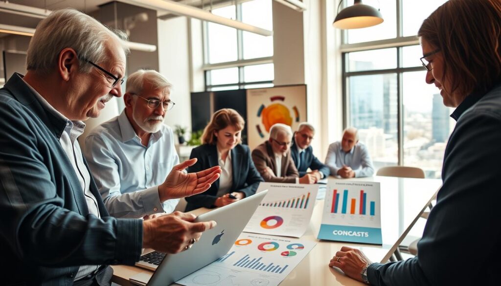 A vibrant office space filled with senior entrepreneurs actively engaging in a brainstorming session. In the foreground, two elderly individuals in professional business attire are collaborating over a laptop, one gesturing enthusiastically while the other takes notes. In the middle, a diverse group of seniors, both men and women, are seated at a modern conference table surrounded by charts and graphs that depict behavioral intelligence concepts. The background reveals a bright, well-lit room with large windows, providing a view of a busy city, symbolizing growth and opportunity. Use warm, natural lighting to create an inviting, motivational atmosphere. The angle should be slightly elevated to capture both the expressions of the individuals and the collaborative environment, emphasizing action and interaction among the senior entrepreneurs.