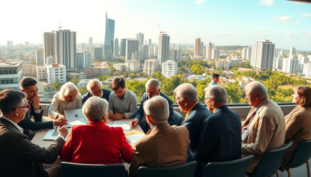 A vibrant panorama showcasing senior entrepreneurship in Brazil, featuring older adults engaged in various business activities. In the foreground, a diverse group of seniors, dressed in professional business attire, are brainstorming ideas around a table filled with documents and laptops. In the middle ground, a modern co-working space with colorful decor, where other seniors are networking and collaborating. The background showcases an urban landscape of a Brazilian city, with iconic architecture and greenery, reflecting a dynamic environment. The scene is bathed in warm, natural lighting, creating an inviting and optimistic atmosphere. A wide-angle perspective captures the essence of community and innovation among senior entrepreneurs.