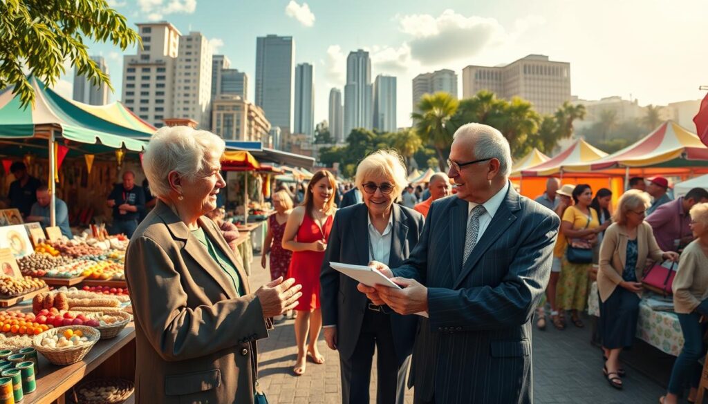 A vibrant, panoramic view depicting senior entrepreneurship in Brazil, showcasing a lively outdoor market scene filled with older adults engaged in various business activities. In the foreground, a group of seniors, dressed in professional business attire, happily discuss their innovative plans while examining handmade products. The middle ground features colorful stalls brimming with art, crafts, and food, radiating a sense of community and creativity. The background illustrates a sunny urban landscape with skyscrapers and green spaces, emphasizing a blend of tradition and modernity. Capture the scene with warm, natural lighting, using a wide-angle lens to enhance the expansive feel of the setting. The atmosphere should emanate positivity, collaboration, and an inspiring spirit of entrepreneurship among the senior demographic.